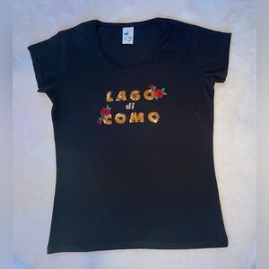 Black Ladies T-Shirt with Gold Sequin Text “Lago di Como” and Red Rose Design XL
